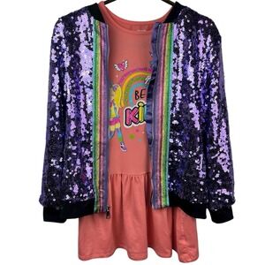JoJo Siwa's Closet Outfit Purple Sequin Zip Jacket Pink Be Kind Dress 7/8 XL Lot